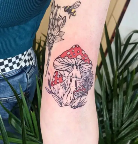 Red and White Mushrooms Forearm Tattoo