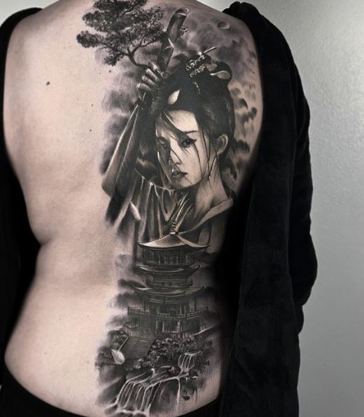 Temple and Geisha with Katana Back Tattoo