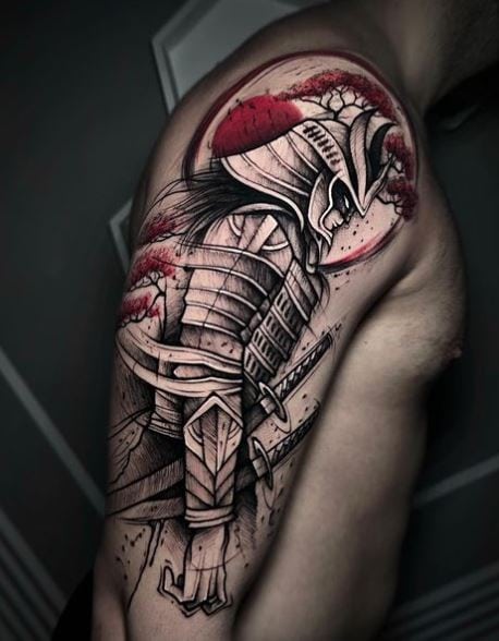 Black and Red Samurai with Katana Arm Tattoo