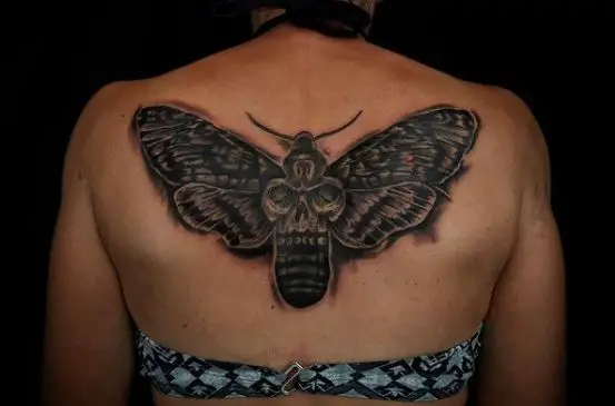Black and Grey Death Moth Back Tattoo