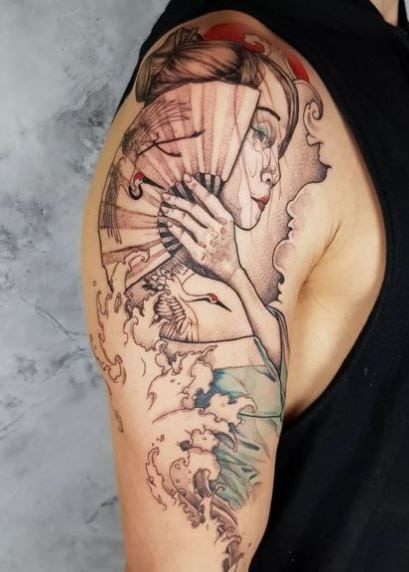 Birds and Geisha with Hand Fan Arm Tattoo