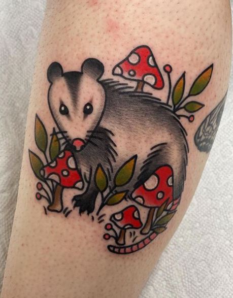 Opossum and Mushrooms Tattoo