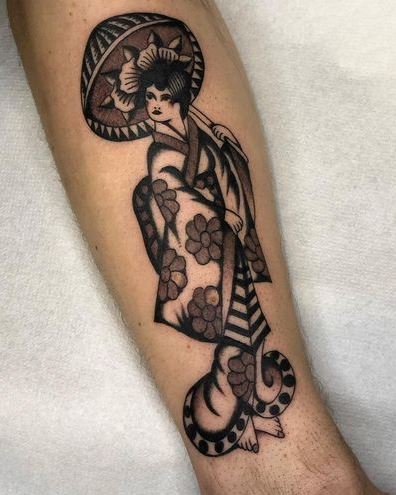 Black and Grey Geisha with Umbrella Forearm Tattoo