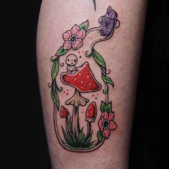Colored Flowers and Mushrooms Tattoo