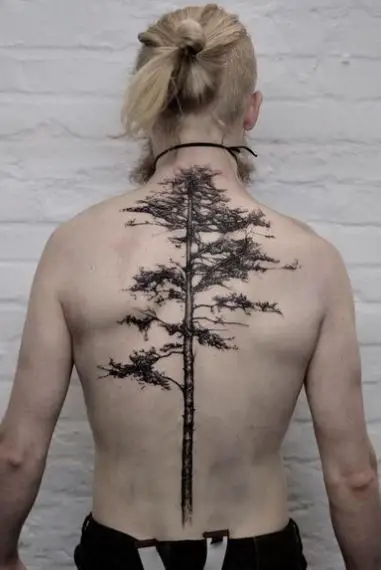 Big Black Pine Tree Back Tattoo