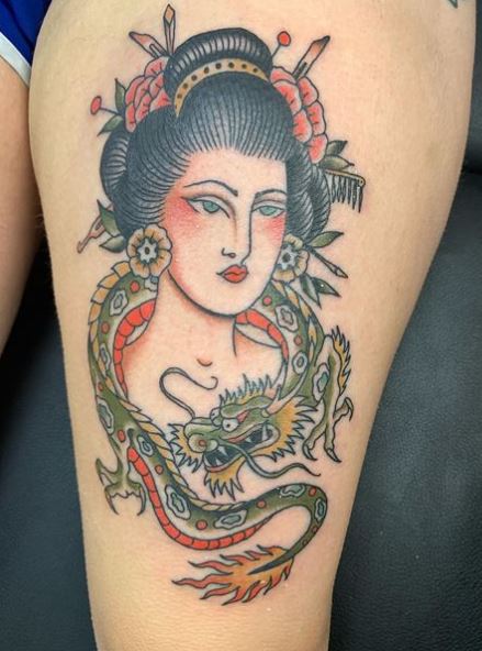 Colored Dragon and Geisha Thigh Tattoo