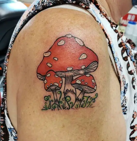 Red and White Mushrooms Shoulder Tattoo