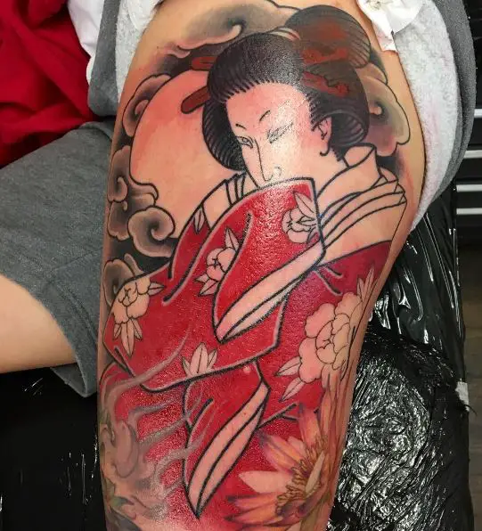 Geisha in Red Kimono Thigh Tattoo