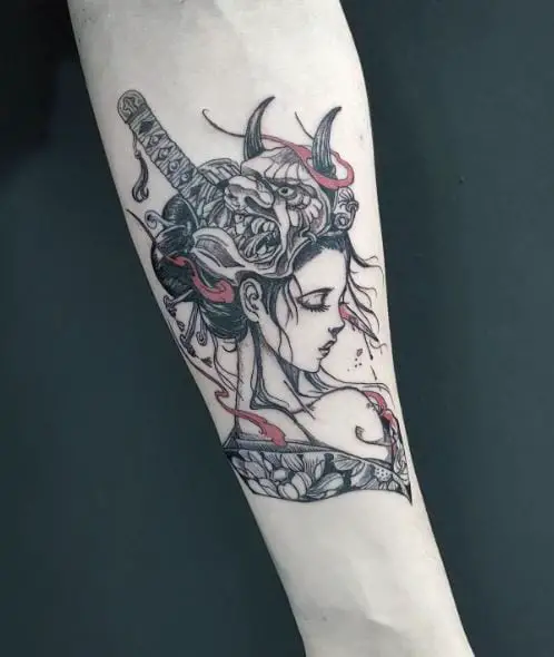 Stabbed Lady Samurai Forearm Tattoo