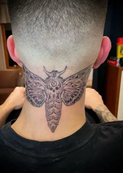 Grey Shaded Death Moth Neck Tattoo