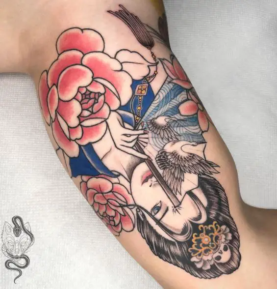 Flower and Geisha with Hand Fan Arm Tattoo