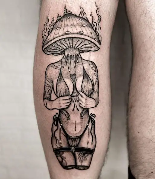 Grey Psychedelic Mushroom Girl Tattoo