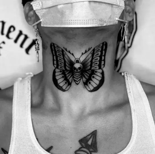 Black and Grey Death Moth Throat Tattoo
