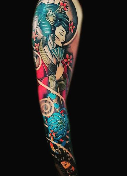 Colorful Flowers and Geisha Arm Sleeve Tattoo