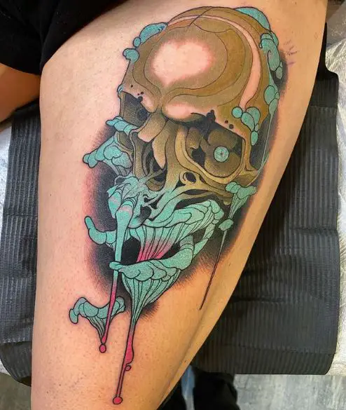 Colored Skull and Mushroom Tattoo