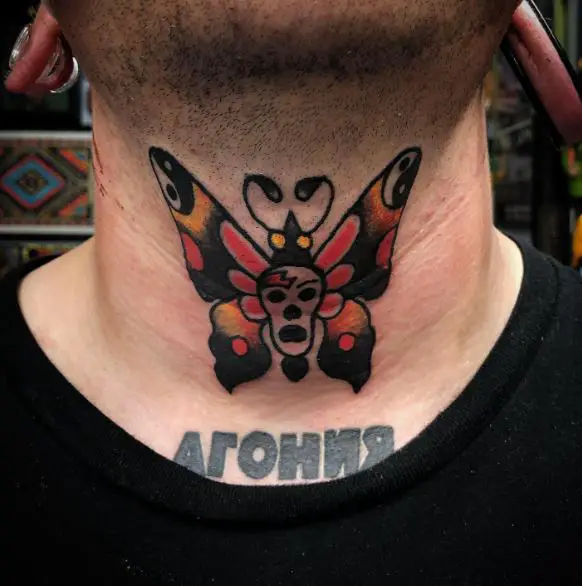 Colorful Death Moth Throat Tattoo