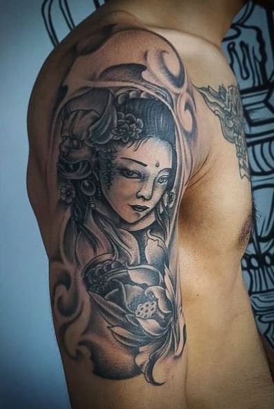Grey Shaded Flower and Geisha Arm Tattoo
