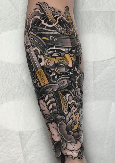 Golden Details on Samurai Forearm Tattoo