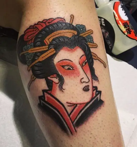 Black and Red Geisha Leg Tattoo