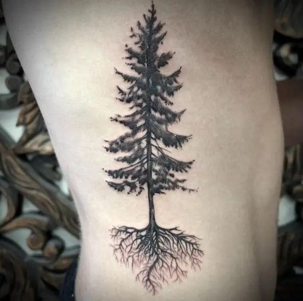 Black and Grey Pine Tree Ribs Tattoo
