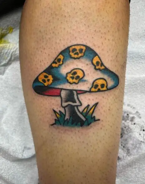Colored Skulls on Mushroom Leg Tattoo