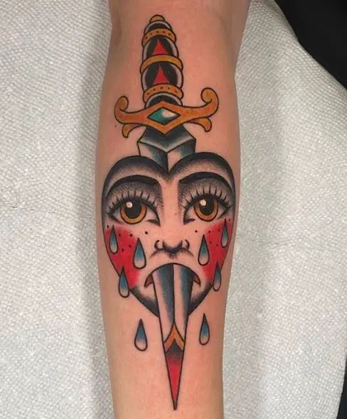Colored Dagger and Crying Heart Forearm Tattoo