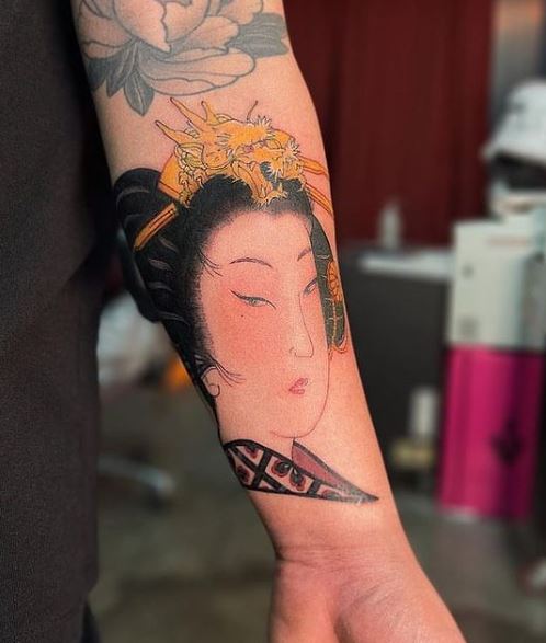 Geisha with Dragon Hair Pin Arm Tattoo