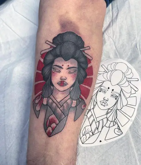 Geisha with Red Lips Forearm Tattoo