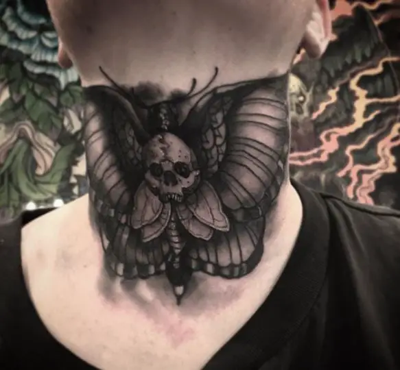 Dark Shaded Death Moth Throat Tattoo