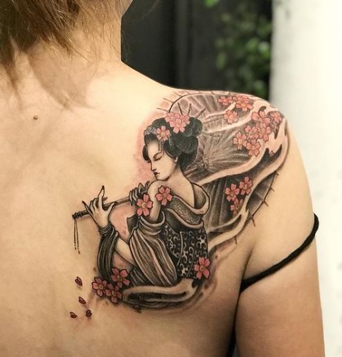Flowers and Geisha with Umbrella Back Tattoo