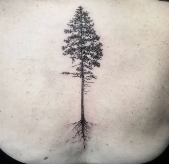Pine Tree with Small Roots Spine Tattoo