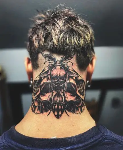 Skull and Death Moth Neck Tattoo