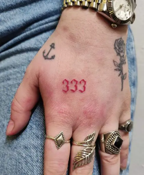Red 333 Hand Tattoo