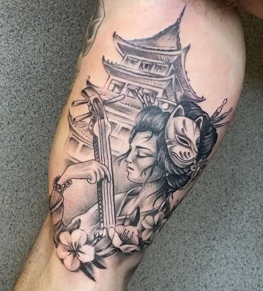 Temple and Geisha Playing Shamisen Arm Tattoo