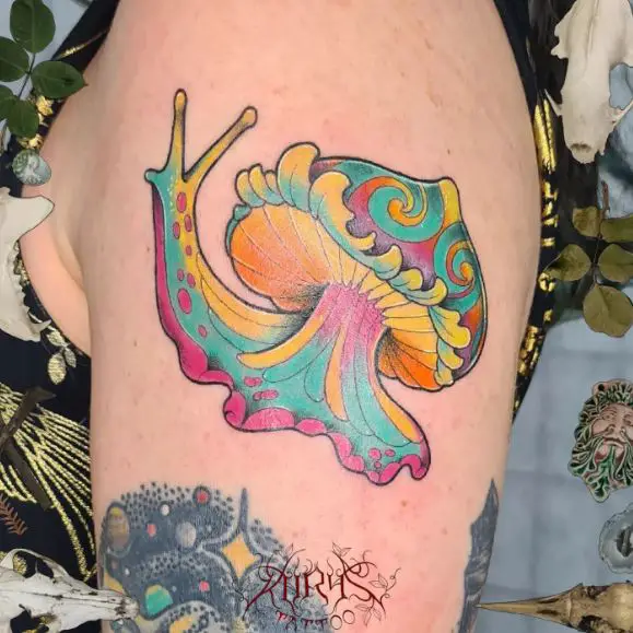 Colorful Snail with Mushroom House Arm Tattoo