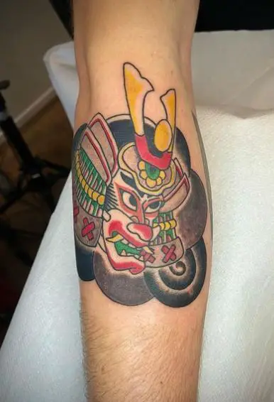 Colorful Samurai Mask Forearm Tattoo