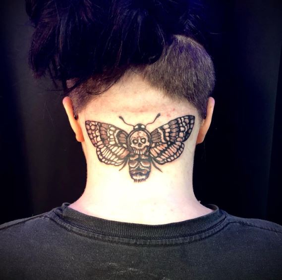 Black and Grey Death Moth Neck Tattoo
