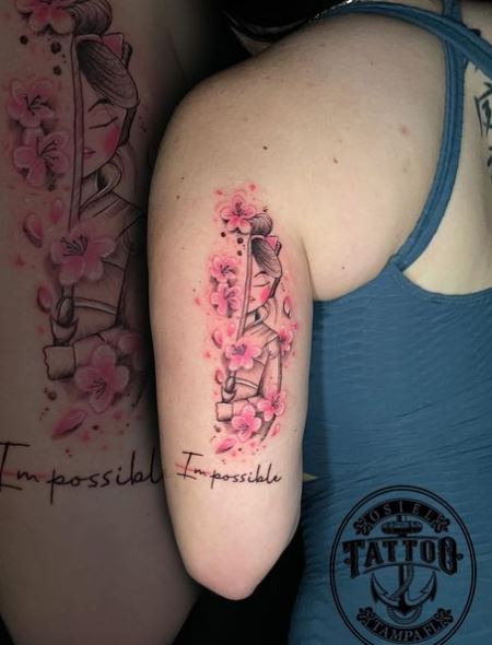 Colored Flowers and Geisha Arm Tattoo