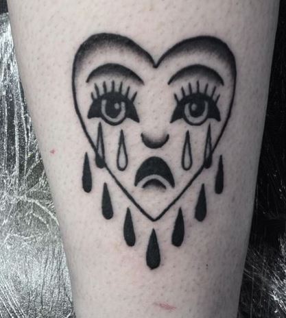 Grey Crying Heart Leg Tattoo