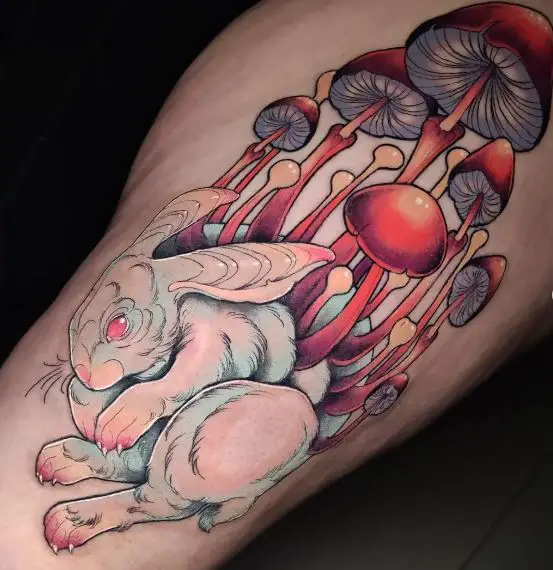 White Rabbit and Mushrooms Arm Tattoo