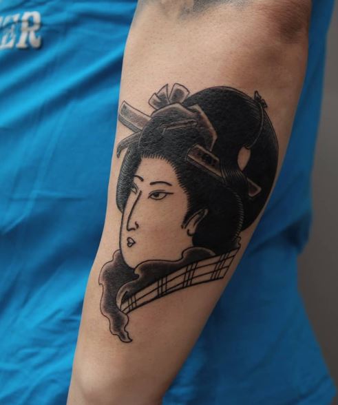 Black and Grey Geisha Forearm Tattoo
