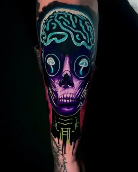Colorful Skull with Mushrooms in Eyes Arm Tattoo