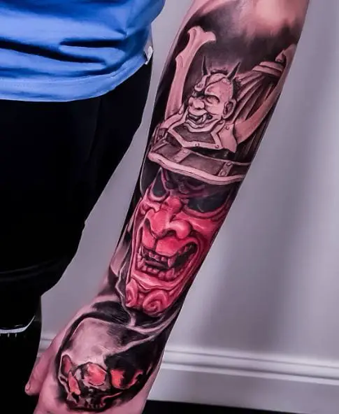 Skull and Red Samurai Mask Forearm Tattoo