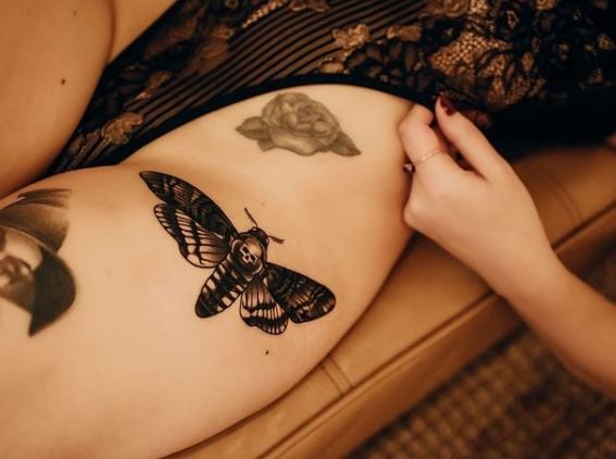 Black Death Moth Hip Tattoo