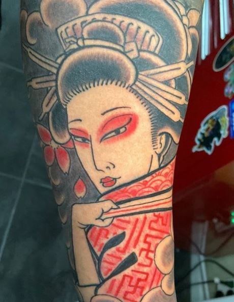 Grey and Red Flower and Geisha Arm Tattoo