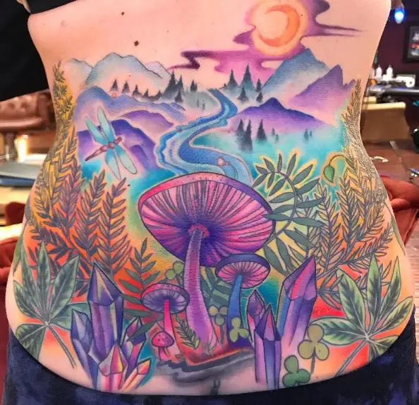 Colorful Landscape with Mushrooms Back Tattoo