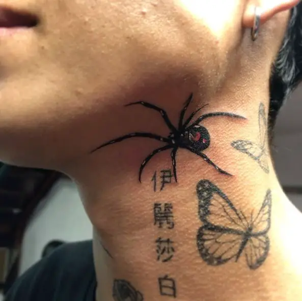 Butterflies and Black Widow Neck Tattoo