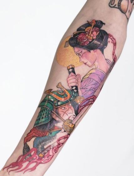 Colored Samurai and Geisha with Katana Arm Tattoo