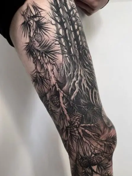 Grey Pine Trees Leg Sleeve Tattoo