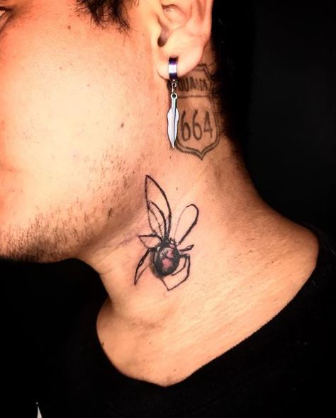 Minimalistic Black Widow Neck Tattoo